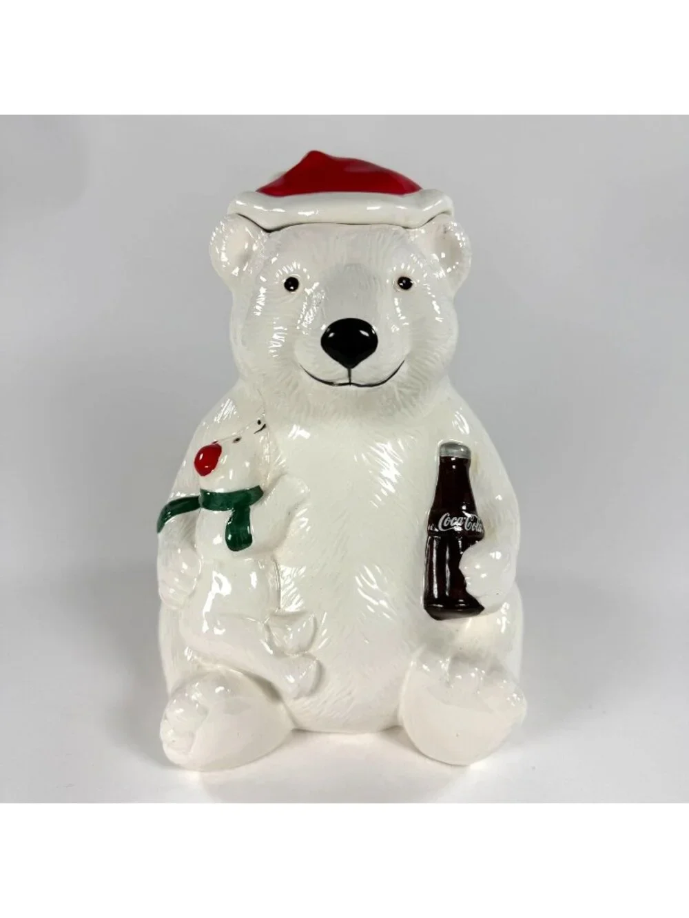 1998 Coca-Cola Chirstmas Polar Bear with Cub and Red Hat Cookie Jar Telaflora